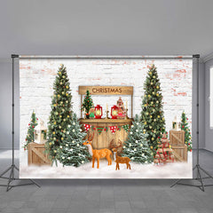 Aperturee - White Brick Wall Deer Tree Christmas Backdrop