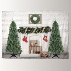 Aperturee - White Brick Wreath Tree Stock Christmas Backdrop
