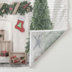 Aperturee - White Brick Wreath Tree Stock Christmas Backdrop