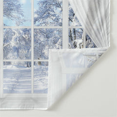Aperturee - White Curtain Window Snowy Forest Winter Backdrop