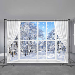 Aperturee - White Curtain Window Snowy Forest Winter Backdrop