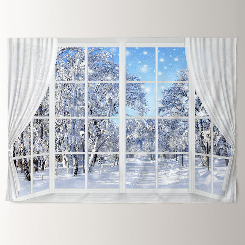 Aperturee - White Curtain Window Snowy Forest Winter Backdrop