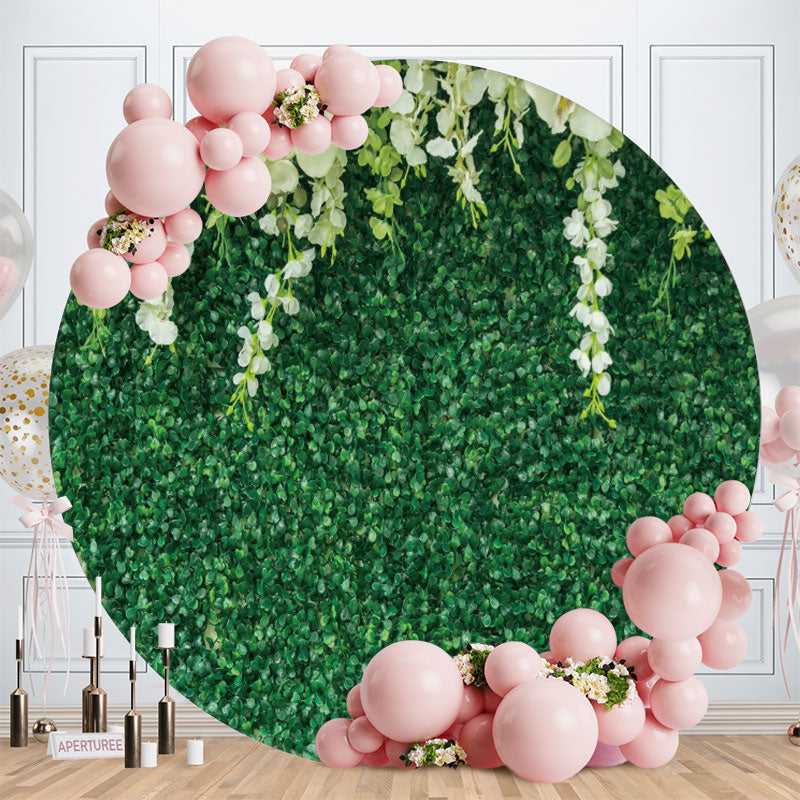 Aperturee - White Floral Green Leaves Round Birthday Backdrop