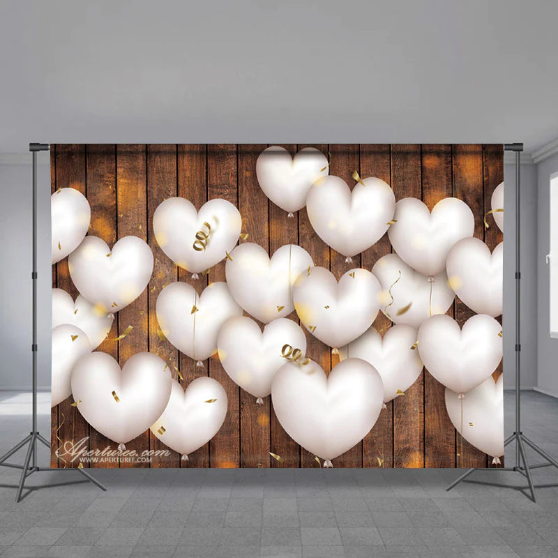 Aperturee - White Heart Balloon Woonde Happy Valentine Backdrop