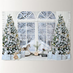 Aperturee - White Snow Tree Horse Window Christmas Backdrop