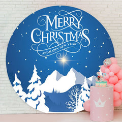 Aperturee - White Snowmountain Round Blue Christmas Backdrop