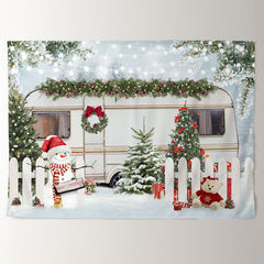 Aperturee - White Truck Snowman Tree Merry Christmas Backdrop