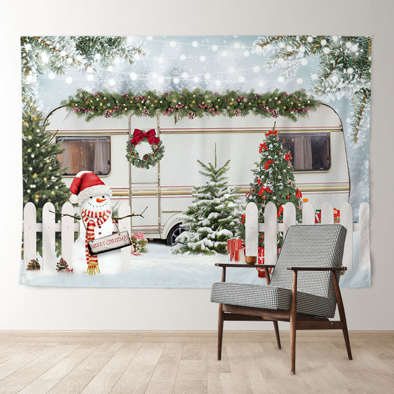 Aperturee - White Truck Snowman Tree Merry Christmas Backdrop
