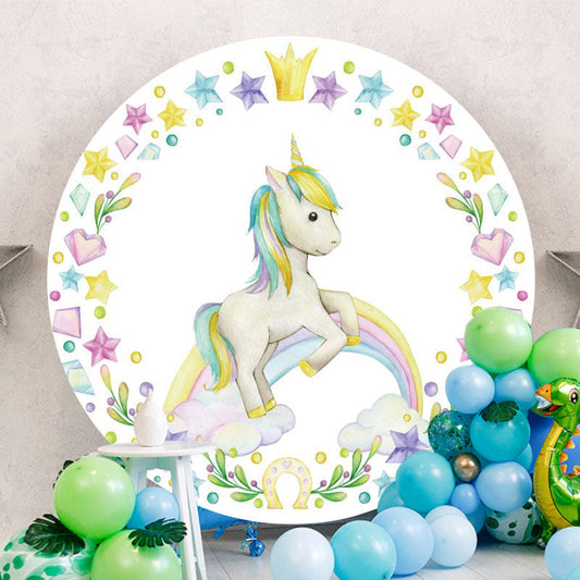 Aperturee - White Unicorn Round Rainbow Birthday Backdrop