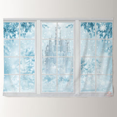 Aperturee - White Window Blue Castle Snowy Winter Backdrop
