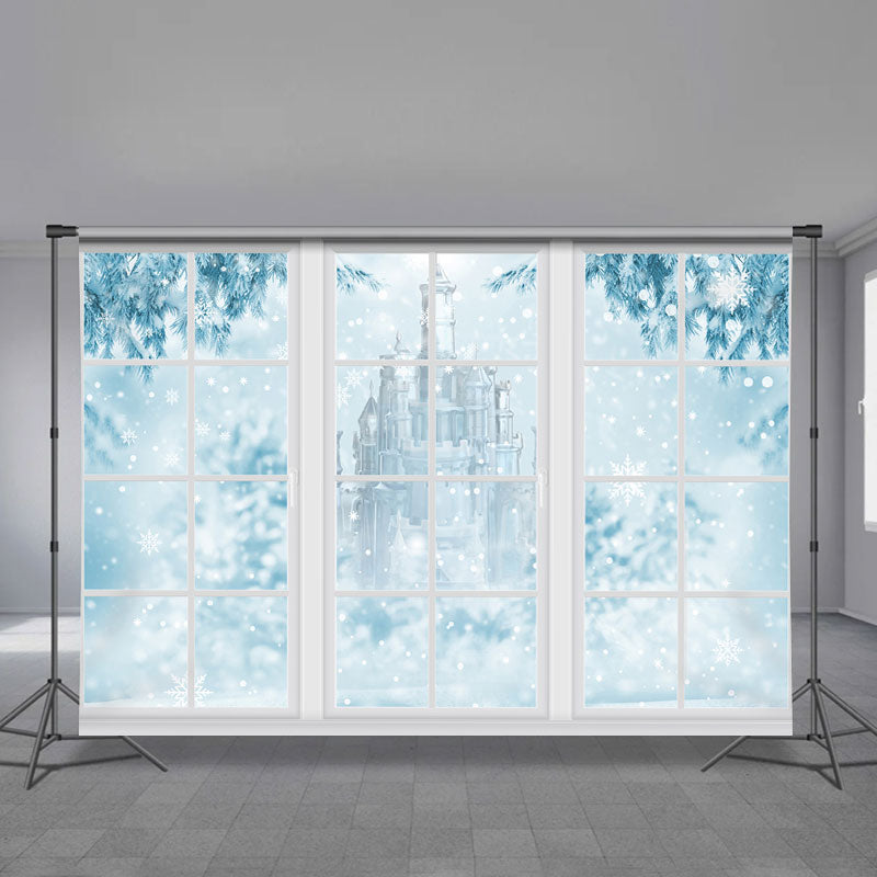 Aperturee - White Window Blue Castle Snowy Winter Backdrop