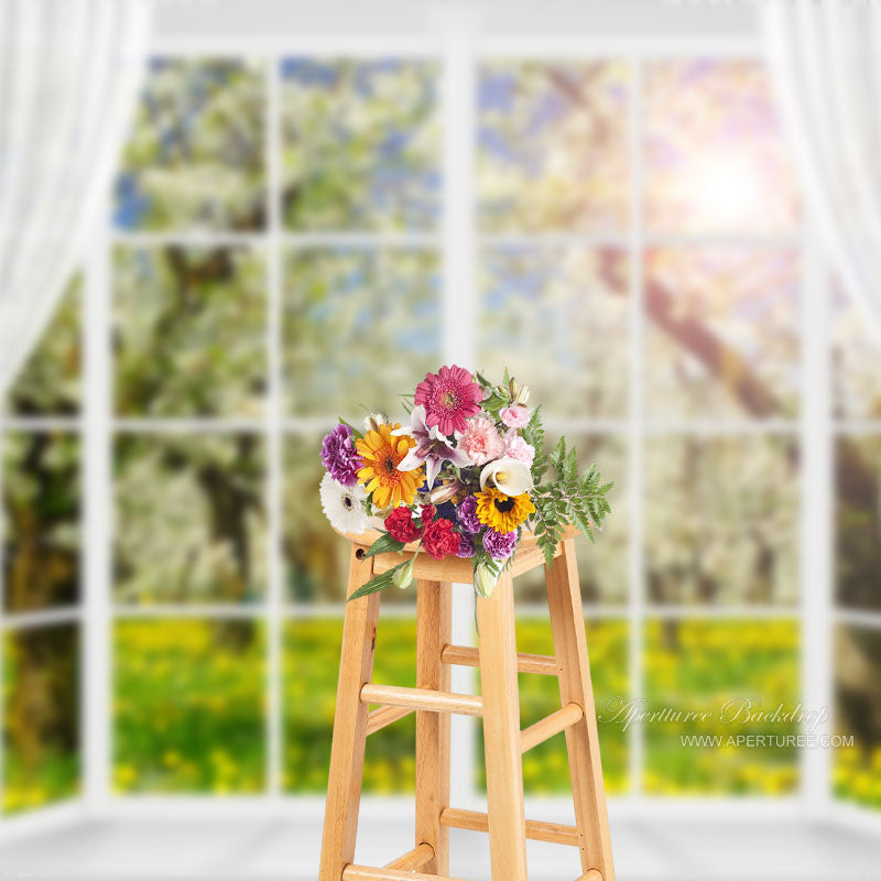 Aperturee - White Window Floral Tree Sunshine Spring Backdrop
