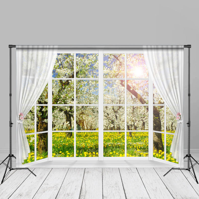 Aperturee - White Window Floral Tree Sunshine Spring Backdrop