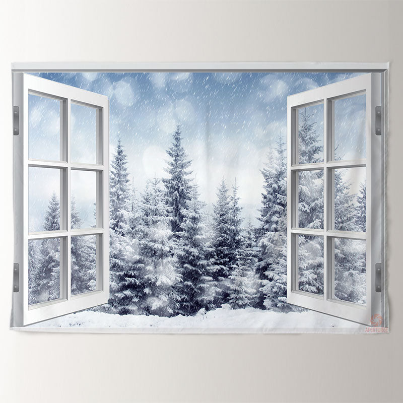 Aperturee - White Window Forest Snowy Winter Scene Backdrop
