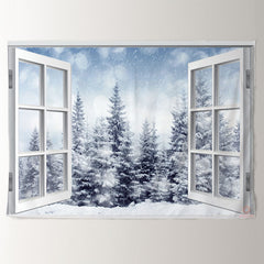 Aperturee - White Window Forest Snowy Winter Scene Backdrop