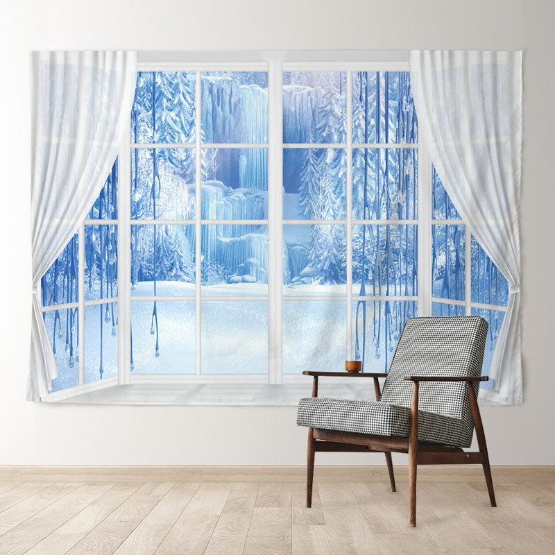 Aperturee - White Window Frozen Blue Scene Winter Backdrop