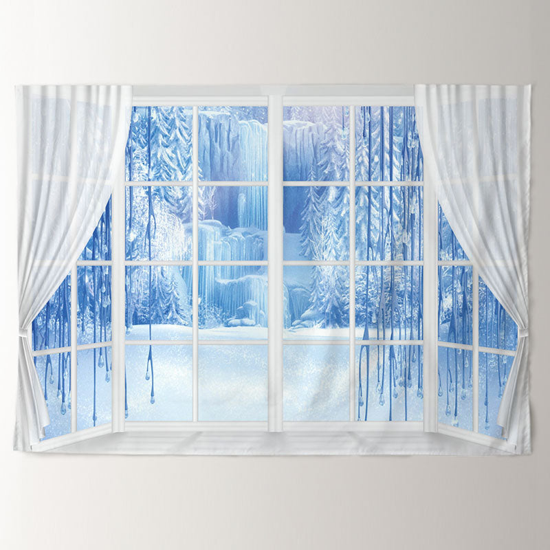 Aperturee - White Window Frozen Blue Scene Winter Backdrop