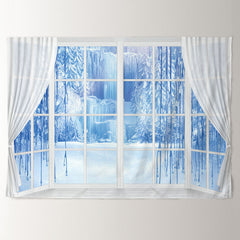 Aperturee - White Window Frozen Blue Scene Winter Backdrop