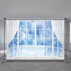 Aperturee - White Window Frozen Blue Scene Winter Backdrop