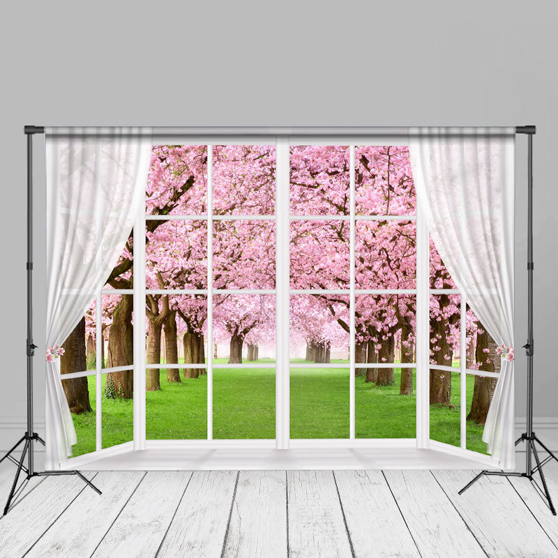 Aperturee - White Window Pink Floral Tree Grass Spring Backdrop