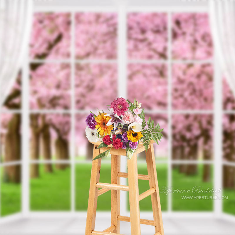 Aperturee - White Window Pink Floral Tree Grass Spring Backdrop