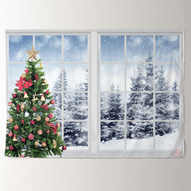 Aperturee - White Window Snowy Forest Christmas Tree Backdrop