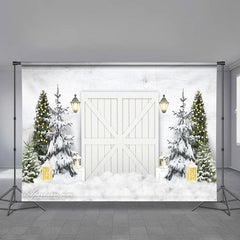 Aperturee - White Wood Gate Door Snow Tree Winter Scene Backdrop