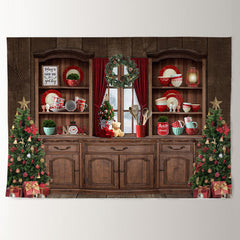Aperturee - Wood Carbinet Tree Family Deco Christmas Backdrop