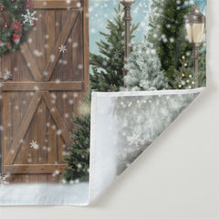 Aperturee - Wood Door Pine Tree Snowy Lights Xmas Backdrop