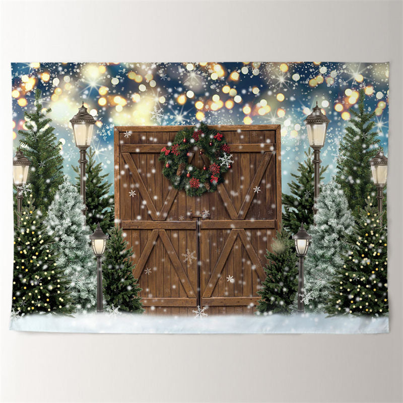 Aperturee - Wood Door Pine Tree Snowy Lights Xmas Backdrop