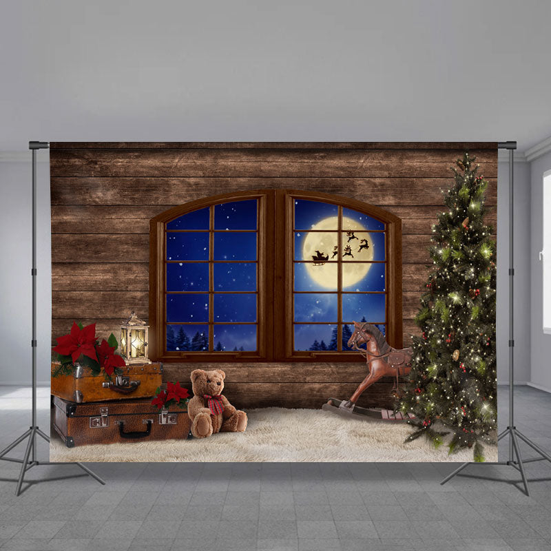 Aperturee - Wood Horse Bear Sled Moon Night Christmas Backdrop