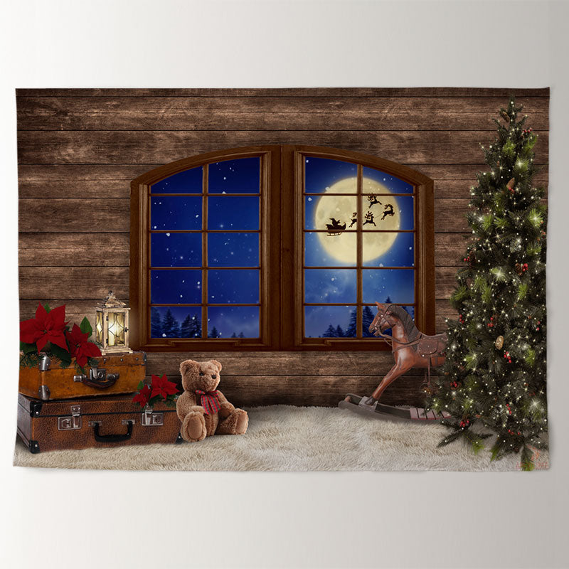 Aperturee - Wood Horse Bear Sled Moon Night Christmas Backdrop