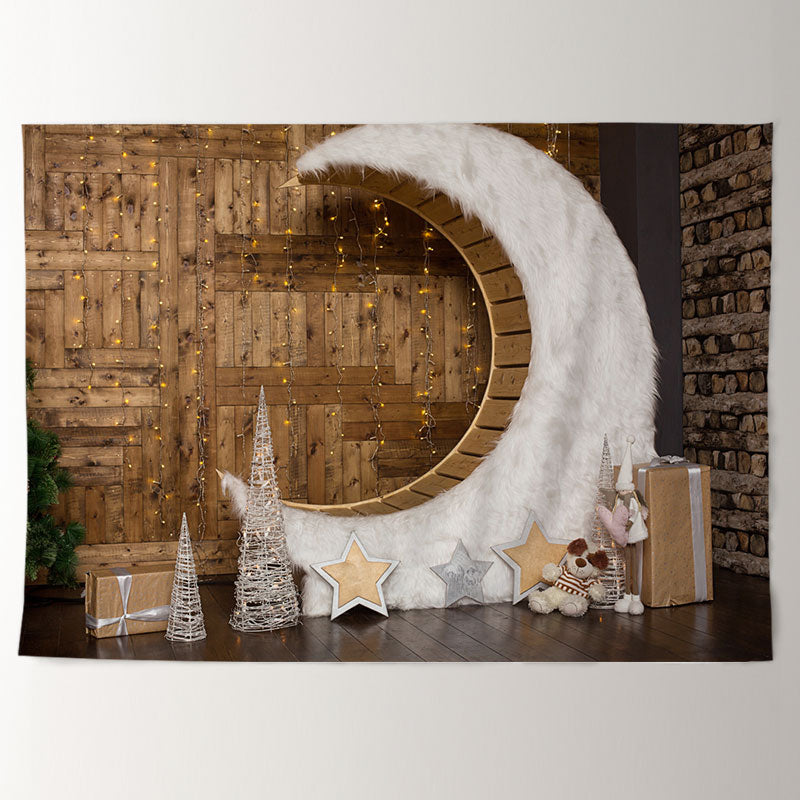 Aperturee - Wood Wall Feather Moon Star House Winter Backdrop