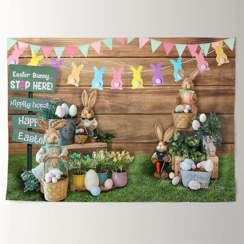 Aperturee - Wooden Backyard Easter Bunny Stop Here Backdrop