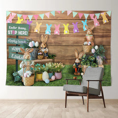Aperturee - Wooden Backyard Easter Bunny Stop Here Backdrop