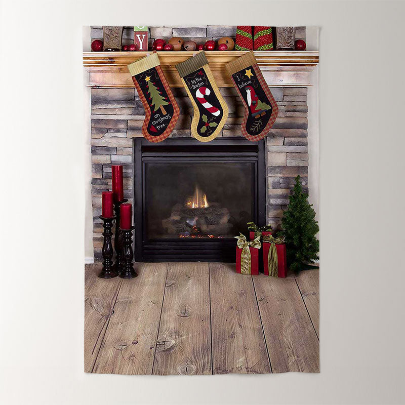 Aperturee - Wooden Sock Fireplace Photobooth Christmas Backdrop