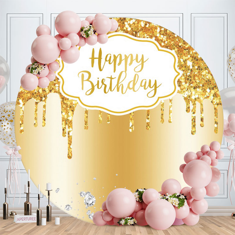 Aperturee - Yellow Happy Birthday Glitter Round Party Backdrops